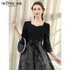 未风黑色网纱连衣裙女春2024春季新款女装气质假两件收腰a字裙子 商品缩略图1