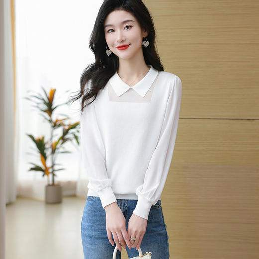 娃娃领雪纺拼接长袖t恤打底衫，内搭早春新款女装冰丝针织上衣CC-28-1150 商品图2
