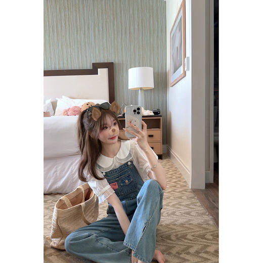 金蘑菇菇 weekend vibe甜妹/ 少女感减龄牛仔背带裤宽松直筒长裤 商品图0