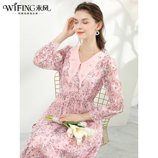 未风粉色雪纺碎花连衣裙女春2024春季新款女装气质法式长袖裙子 商品图0