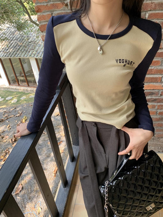 基础款撞色T恤 春款长袖T恤  时尚百搭 修身显瘦 韩国ins风 商品图0