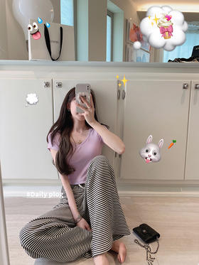 金蘑菇菇 韩漫top / 纯色v领针织短袖t恤女短款小个子上衣