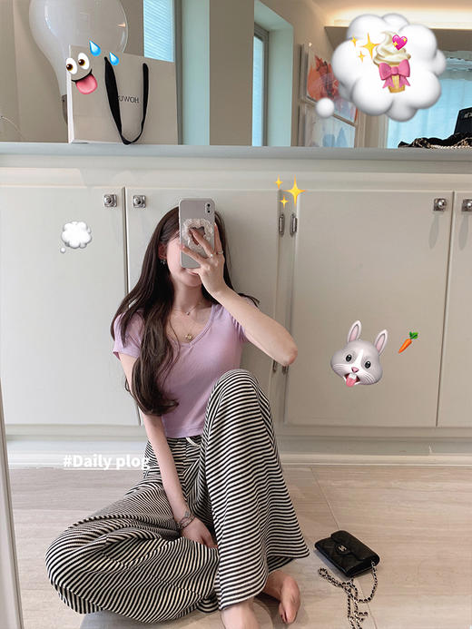 金蘑菇菇 韩漫top / 纯色v领针织短袖t恤女短款小个子上衣 商品图0