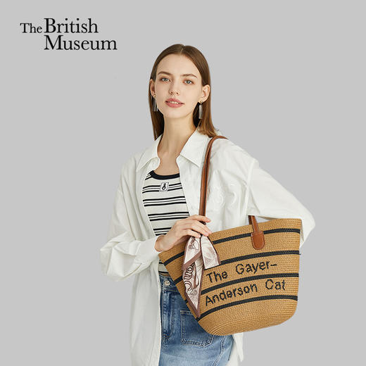 大英博物馆 盖亚安德森猫系列 草编 沙滩包 托特单肩包 驼色 送女生 生日节庆礼物 商品图0