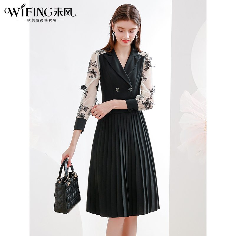 未风黑色西装翻领连衣裙女春2025年春季新款时尚气质显瘦百褶裙子