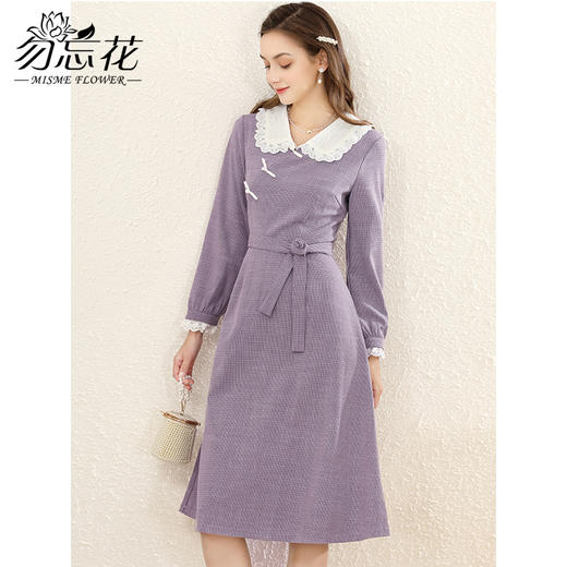勿忘花紫色格子复古娃娃领连衣裙女2025春季新款长裙衬衫内搭裙子 商品图2