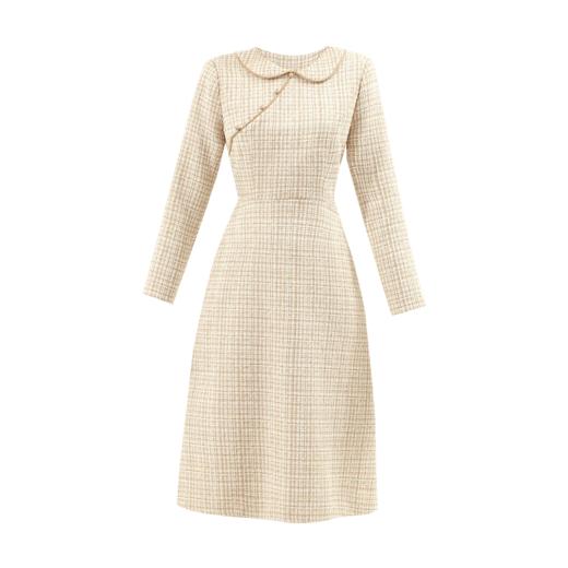 勿忘花杏色气质小香风娃娃领连衣裙女2025春季新款粗花呢裙子初春 商品图3