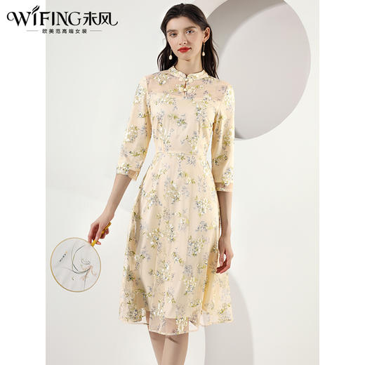 未风网纱刺绣改良旗袍领连衣裙女春2024春季新款女装国风长款裙子 商品图2