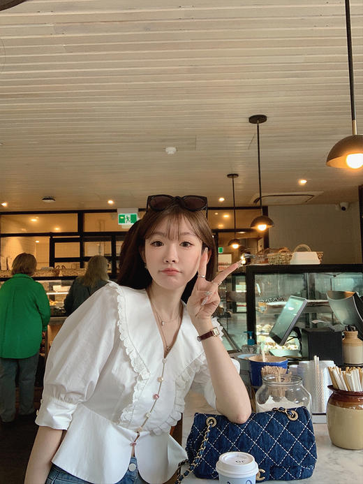 XS码 金蘑菇菇  白昼童话 / 法式泡泡袖娃娃领衬衫短款收腰上衣 商品图5