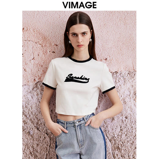 VIMAGE纬漫纪夏季新款时尚百搭打底舒适撞色短款T恤女V2102706 商品图5