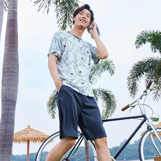 都市丽人都市锋尚舒适外出春夏睡衣男32支CVC单面家居服薄款短袖短裤男士套装FH42A6 商品图1