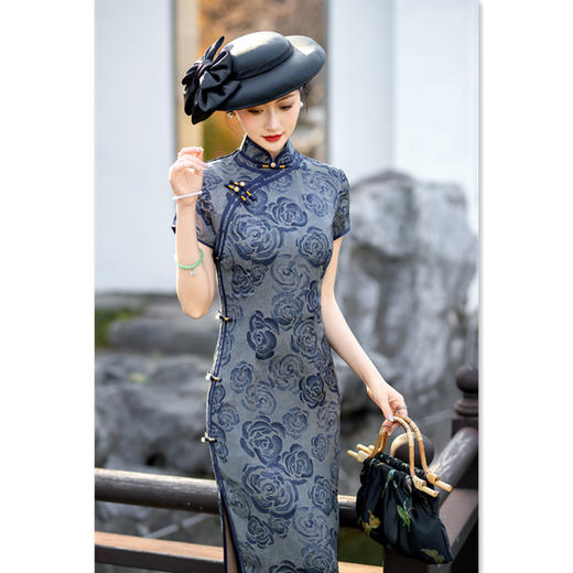 SKY 100895复古国风仿香云纱提花长款短袖旗袍 商品图2