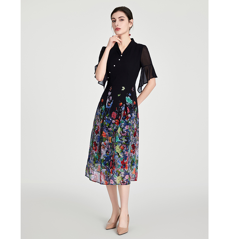 司歌印花雪纺连衣裙中式优雅中袖A891194X