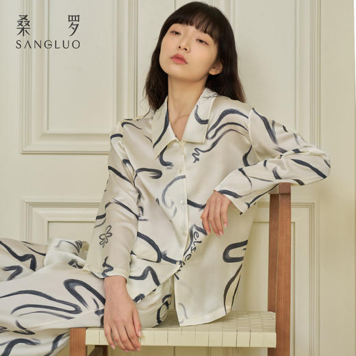 SANGLUO印花真丝睡衣女士可外穿家居服100%桑蚕丝二件套装 商品图0