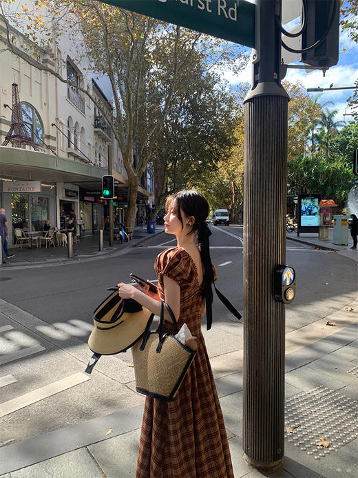 金蘑菇菇 水果篮子 小红裙 /长短款复古耐看v领泡泡袖格子连衣裙 商品图3