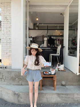 灰蓝XS码 金蘑菇菇Etoil 风情南瓜裤/夏季卷边高腰阔腿短裤女休闲宽松裤子