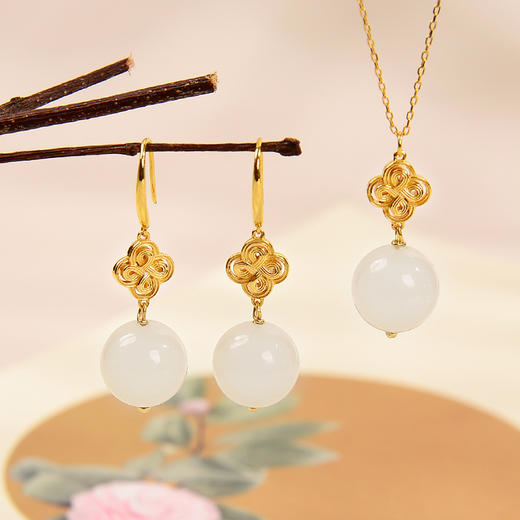 yshm--02003【云赏珠宝】高端系列-新中式和田玉白玉吉祥结套装（路路通项链、耳坠）925纯银 商品图4