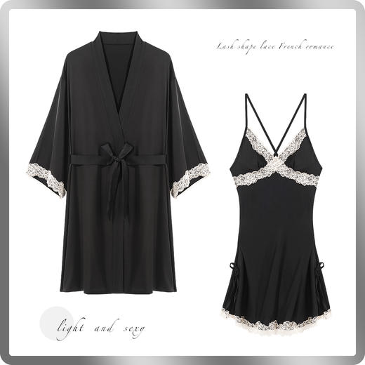 法式蕾丝冰丝缎面吊带睡裙套装性感美背睡衣带睡袍家居服2283冰之蓝睡裙 商品图5