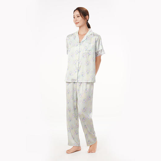 都市丽人好睡好眠春夏睡衣女冰雪丝印花家居服薄款短袖长裤女士丝质套装LH41B4 商品图2