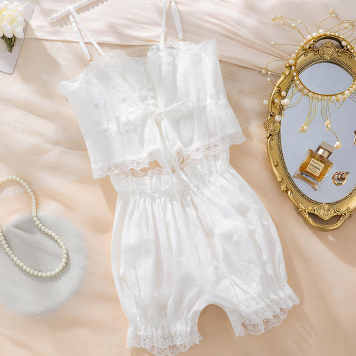 【100%棉 纯欲套装】法式浪漫提花蕾丝吊带花苞短裤睡衣套装9002白色天使套装 商品图2