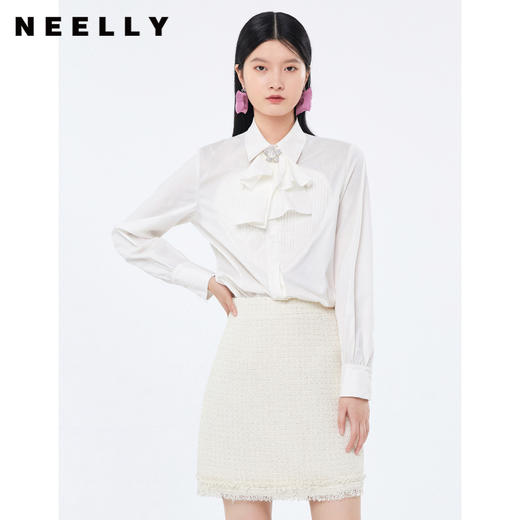NEELLY纳俪西装领飘带白色衬衫女爱心压褶长袖上衣简约通勤秋季N21091B01183 商品图0