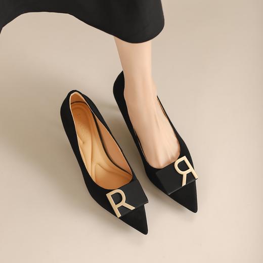 阿么手工女鞋一脚蹬法式金属扣单鞋女舒适职业新款气质高跟鞋6CM 商品图1