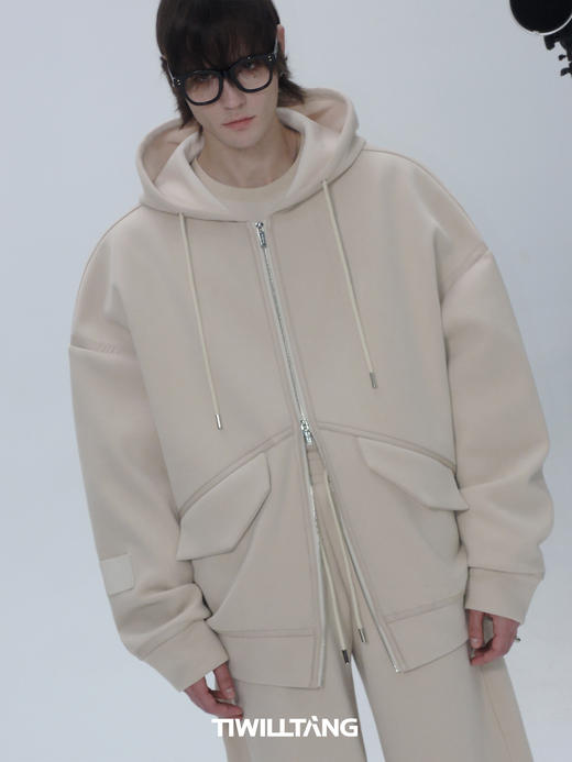 TIWILLTANG启世录“凛迹宇轶”重磅加绒加厚拼皮分割连帽慵懒卫衣 商品图4