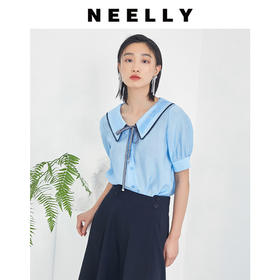 NEELLY纳俪商场同款韩版polo领蝴蝶结飘带短袖上衣夏灯笼袖衬衫N23044B04591