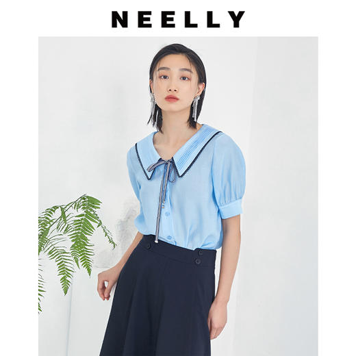 NEELLY纳俪商场同款韩版polo领蝴蝶结飘带短袖上衣夏灯笼袖衬衫N23044B04591 商品图0