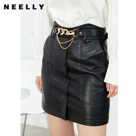 NEELLY纳俪商场同款春黑色高腰半身裙女腰带金属装饰包臀裙A字裙N22011E01016