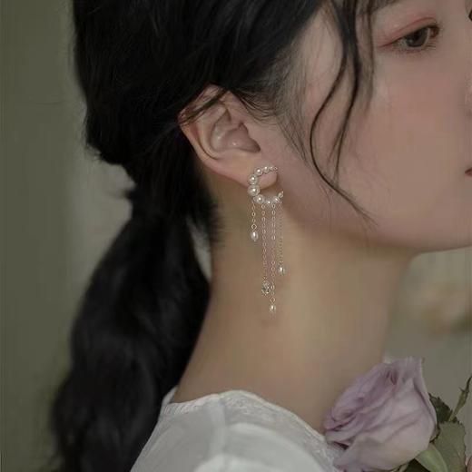 欧诗漫 月亮女神流苏珍珠耳钉 3-6mm天然淡水珍珠 纯银耳针 商品图0