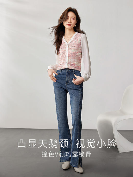 【年终特卖】熙世界甜美小香风假两件衬衫24年秋季新款时尚气质长袖V领上衣 商品图2