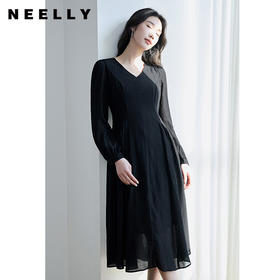 NEELLY纳俪商场同款V领系带收腰连衣裙 肌理感百搭法式垂感中长裙N23084Y02201