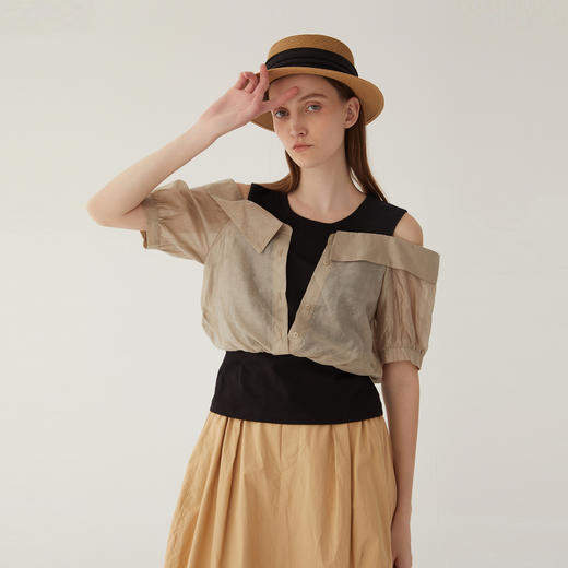 谜底圆领拼接上衣女2024夏季新款时尚优雅露肩短袖衬衫246MS7039 商品图1