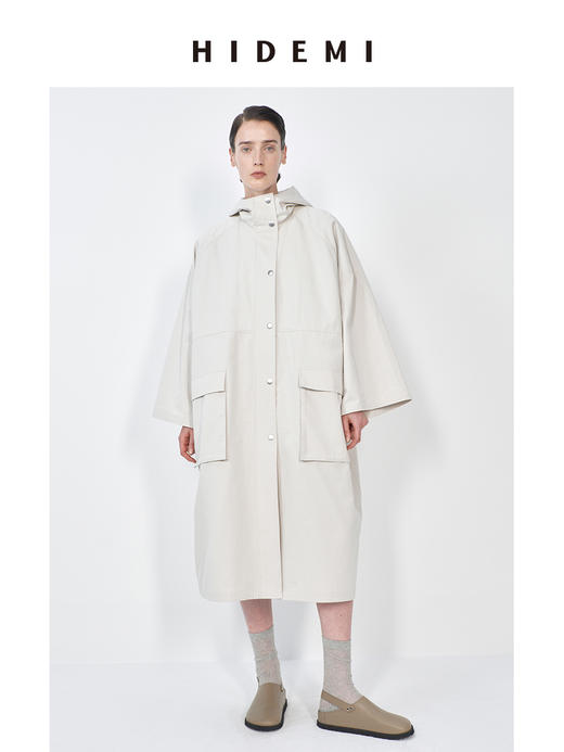 HIDEMI 【娜扎同款】新款冰川灰小男孩系列女装口袋撞钉廓形设计感连帽春日长风衣外套 商品图0