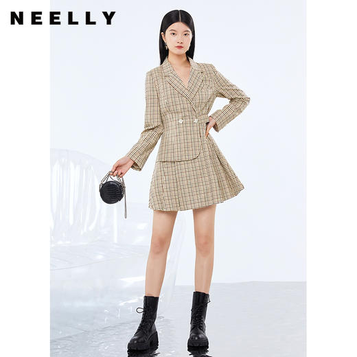 NEELLY纳俪气质复古格纹翻领西装连衣裙女中长款A字裙长袖百褶裙N22074Y04416 商品图1