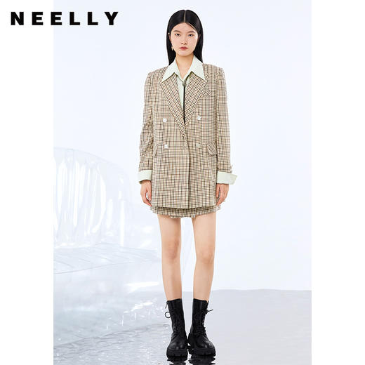 NEELLY纳俪翻驳领西装女中长款格纹复古闪钻双排扣外套百搭显瘦N22074W04415 商品图2