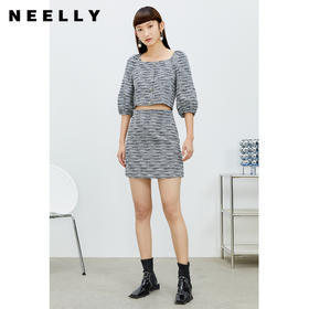 NEELLY纳俪套装女新款春装方领短款上衣两件套A字半身裙潮N22074Z04427
