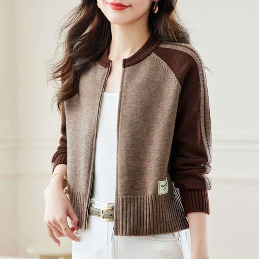 短款立领拼色针织开衫，女高腰小个子春季新款拉链外搭上衣毛衣外套CC-MY-1093 商品图1