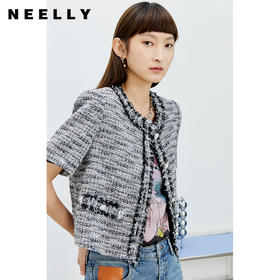 NEELLY纳俪商场同款高级短款小香风外套女毛边钉珠设计感短袖外套N22074C04438