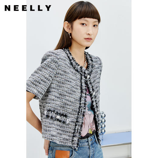 NEELLY纳俪商场同款高级短款小香风外套女毛边钉珠设计感短袖外套N22074C04438 商品图0