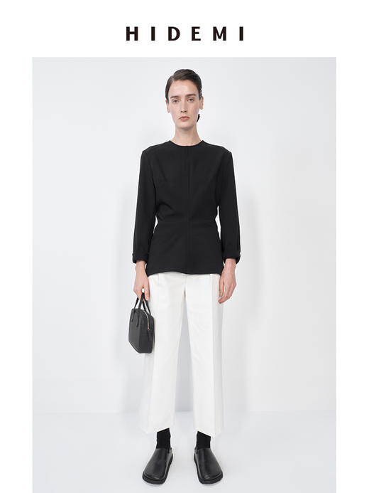 HIDEMI 极简春日圆领设计感前后两穿立体剪裁缎面外套上衣女 黑色/白色 商品图3