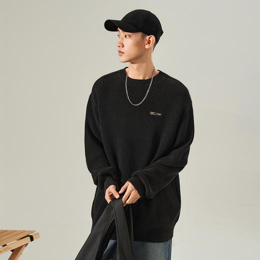 西遇美式复古宽松针织衫男早春新款慵懒风圆领内搭长袖上衣12132296 商品图2
