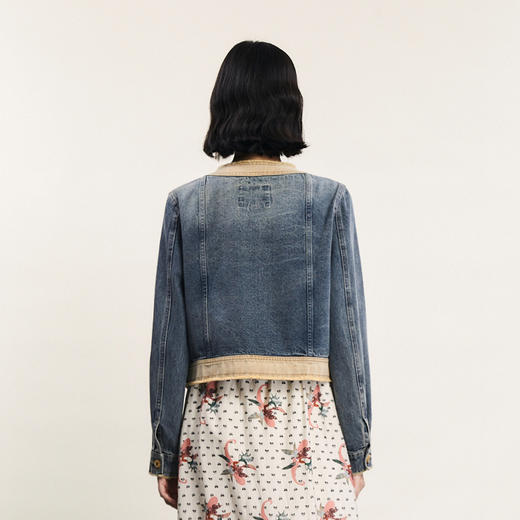 谜底短款牛仔外套女2024春新款复古文艺风圆领拼接合体241MW0004 商品图2
