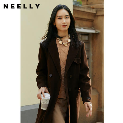 NEELLY纳俪冬季翻驳领双面呢大衣女双排扣可脱卸腰带中长款外套N21113N01206 商品图2