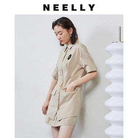 NEELLY纳俪商场同款工装风甜酷飒假两件徽章拼接口袋衬衫连衣裙N23044Q04580