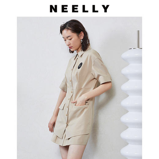 NEELLY纳俪商场同款工装风甜酷飒假两件徽章拼接口袋衬衫连衣裙N23044Q04580 商品图0