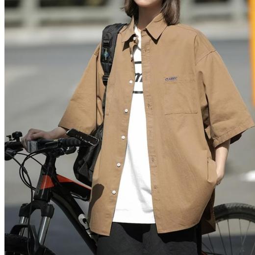 夏季【纯色工装短袖衬衫 女式潮牌潮流日系】休闲百搭 情侣装7分袖衬衣 商品图3