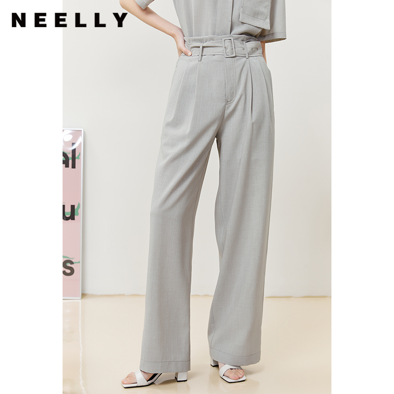 NEELLY纳俪商场同款西装休闲裤女立体打褶收腰系带阔腿直筒裤百搭N22052H01174