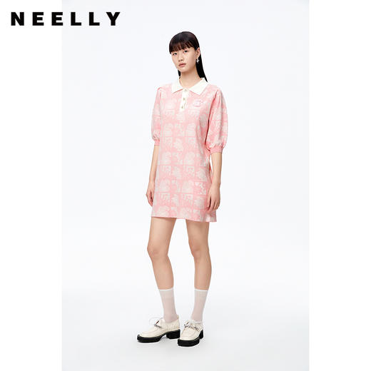 NEELLY纳俪商场同款polo领连衣裙女秋粉色针织显瘦中长款短袖裙子N22081Y01067 商品图1